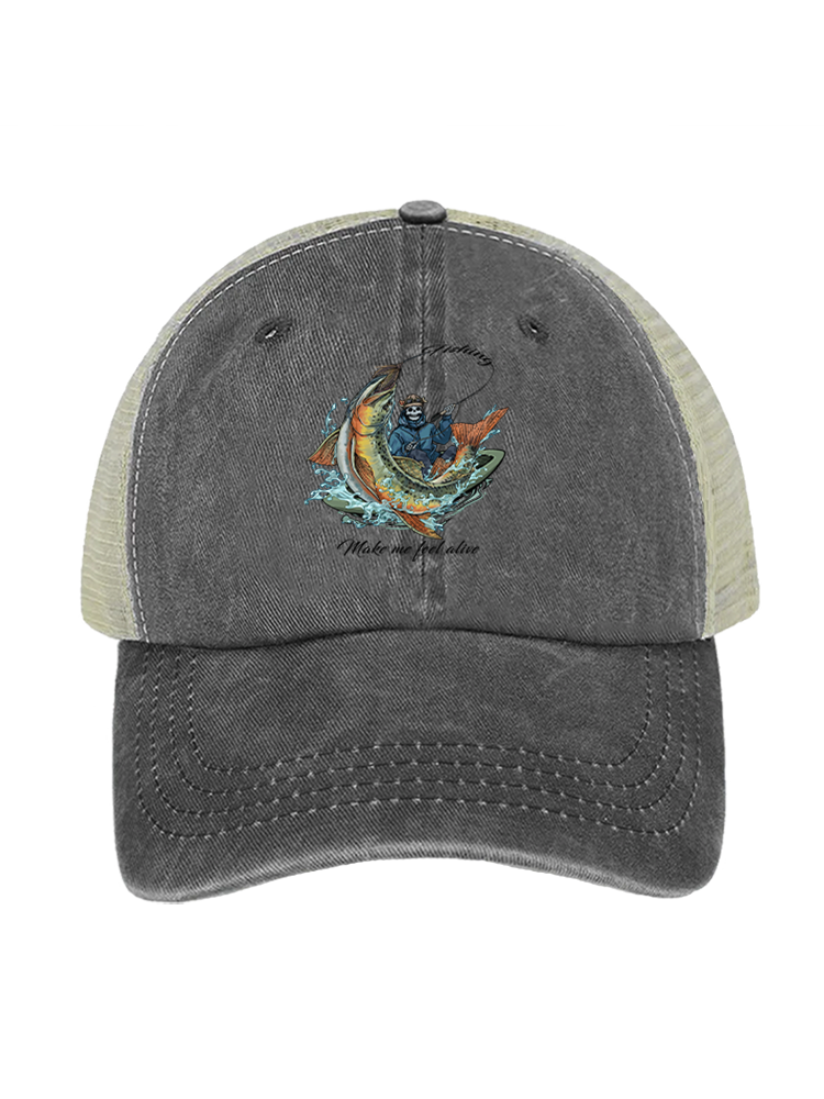 Fishing Make Me Feel Alive Unisex Vintage Washed Meshback Hat