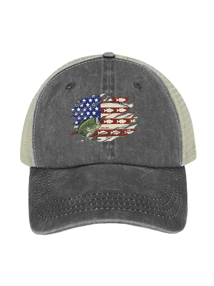 Patriot Bass Angler Unisex Vintage Washed Meshback Hat