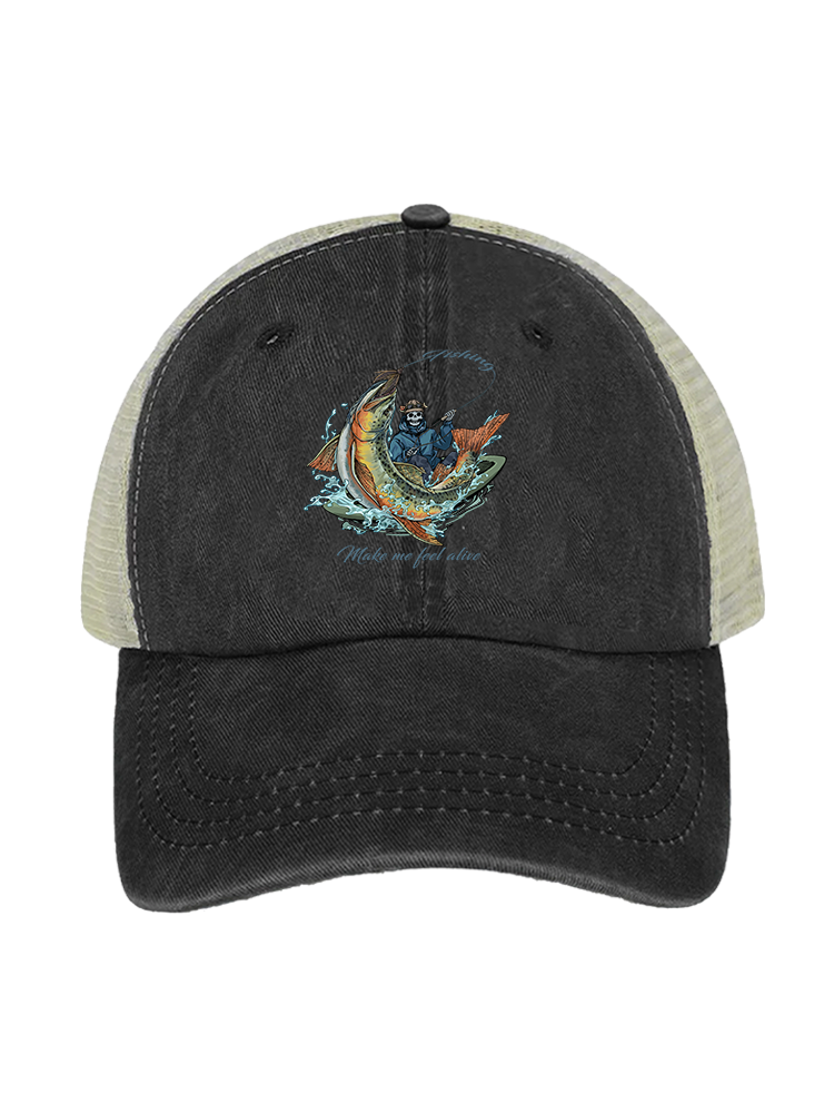 Fishing Make Me Feel Alive Unisex Vintage Washed Meshback Hat