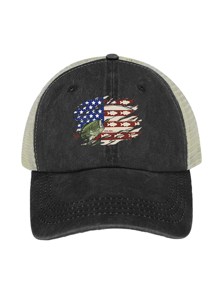 Patriot Bass Angler Unisex Vintage Washed Meshback Hat