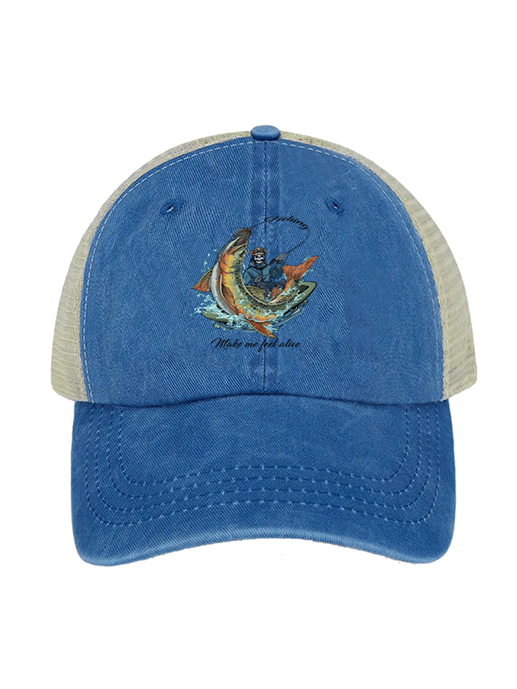 Fishing Make Me Feel Alive Unisex Vintage Washed Meshback Hat