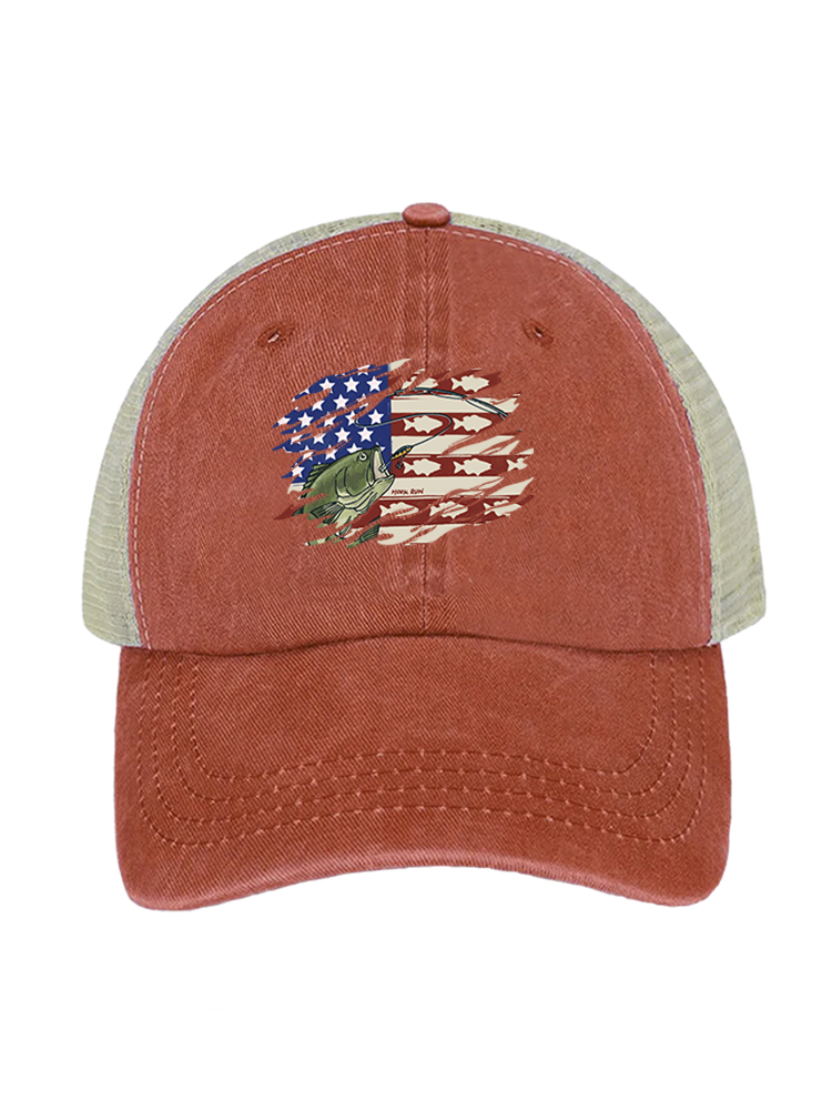 Patriot Bass Angler Unisex Vintage Washed Meshback Hat
