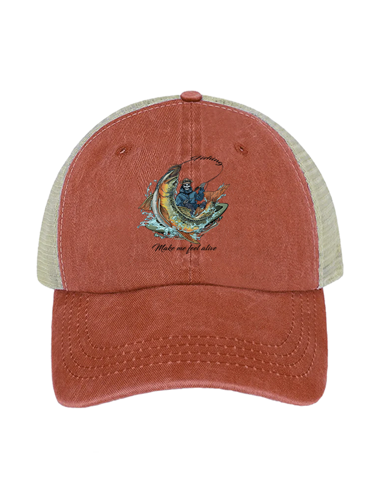 Fishing Make Me Feel Alive Unisex Vintage Washed Meshback Hat