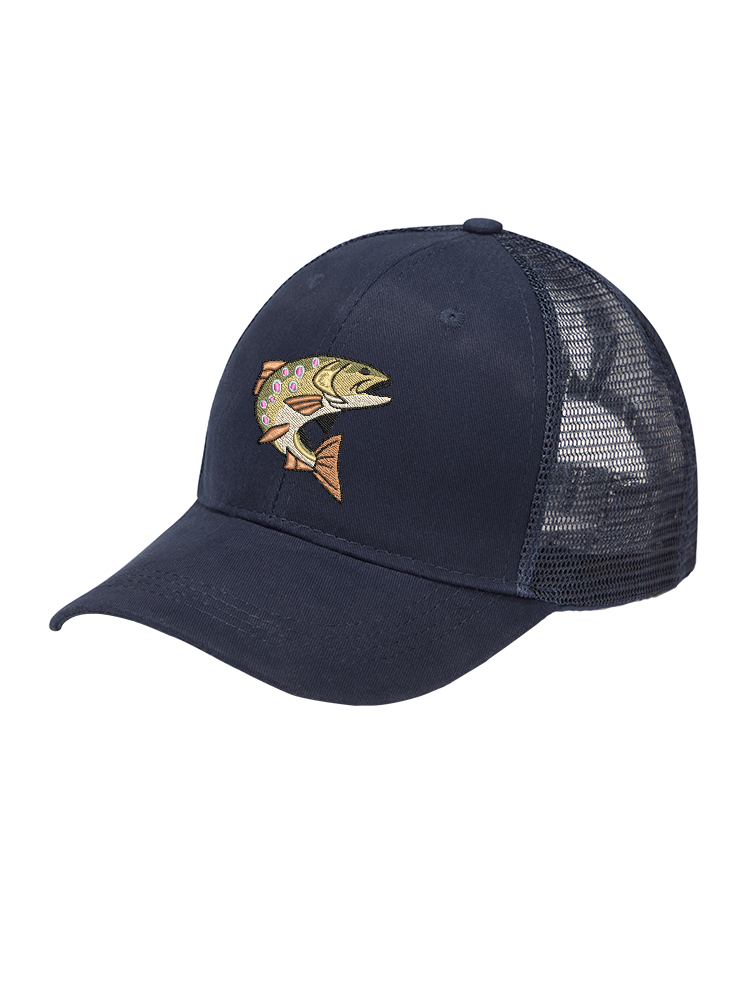Leaping Brown Trout Embroidered Ponytail Slot Mesh Cap for Women