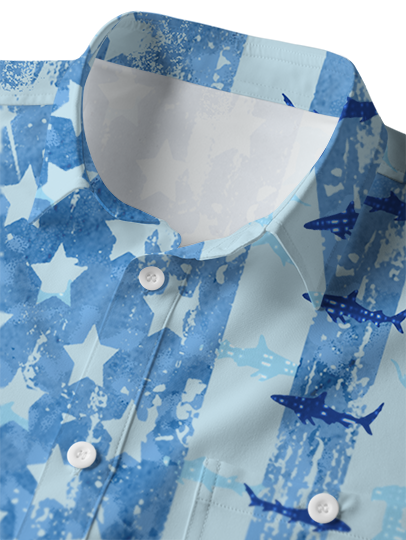 Patriotic Shark Print Hawaiian Button Up Shirt