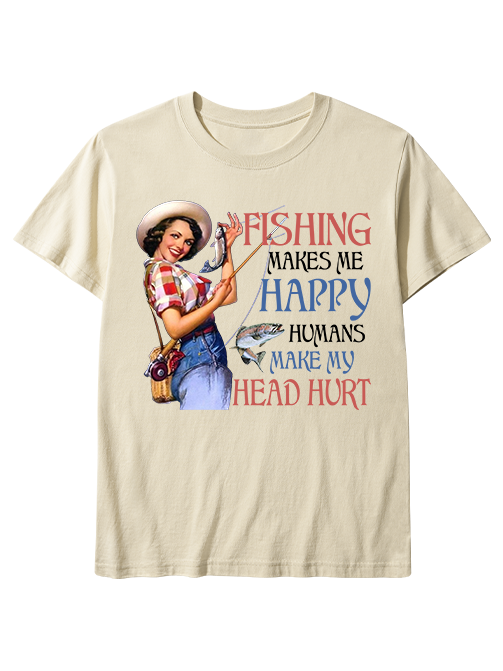Fishing Makes Me Happy Retro Female Angler Unisex Classic Cotton Tee