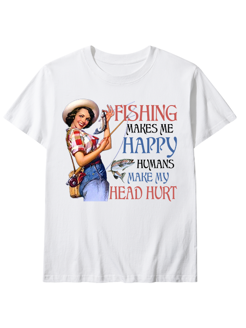Fishing Makes Me Happy Retro Female Angler Unisex Classic Cotton Tee