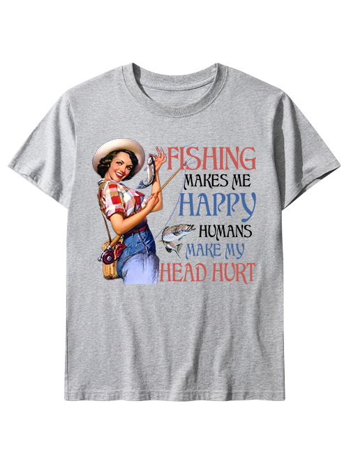 Fishing Makes Me Happy Retro Female Angler Unisex Classic Cotton Tee