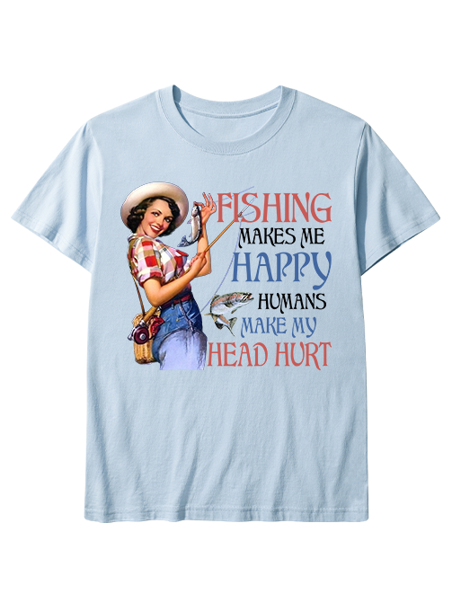 Fishing Makes Me Happy Retro Female Angler Unisex Classic Cotton Tee
