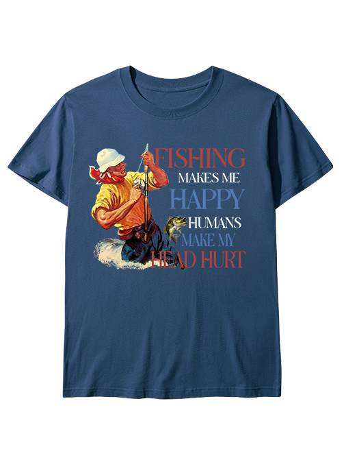 Fishing Makes Me Happy Retro Male Angler Unisex Classic Cotton Tee