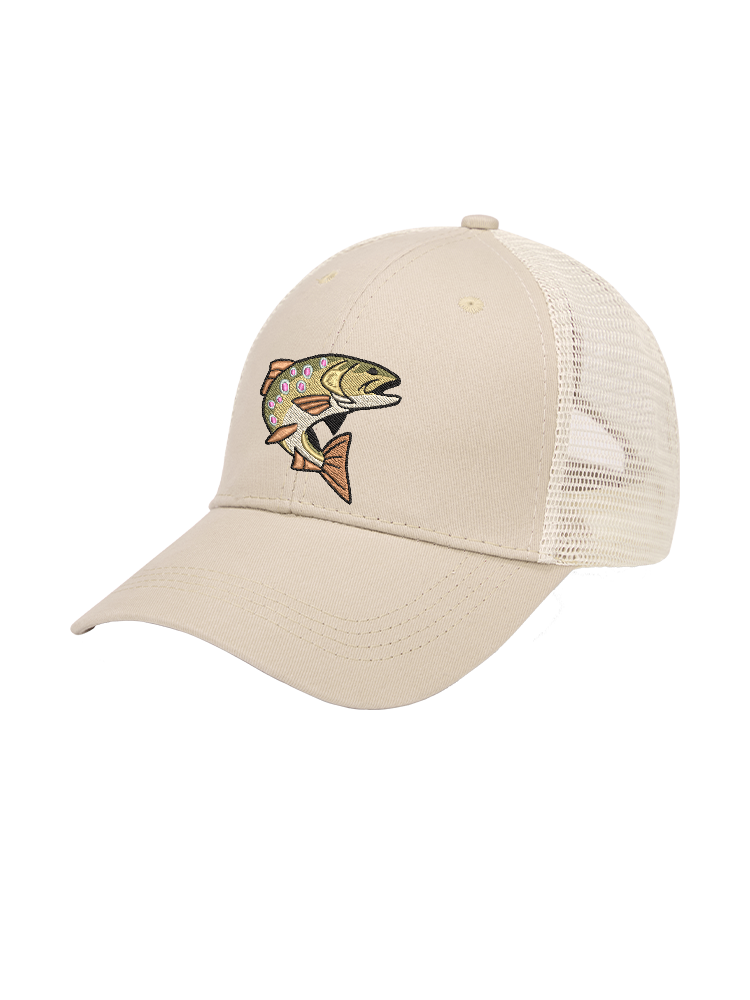 Leaping Brown Trout Embroidered Ponytail Slot Mesh Cap for Women
