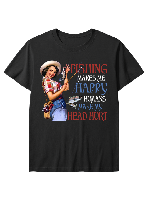 Fishing Makes Me Happy Retro Female Angler Unisex Classic Cotton Tee
