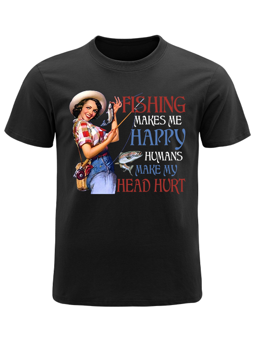 Fishing Makes Me Happy Retro Female Angler Unisex Classic Cotton Tee