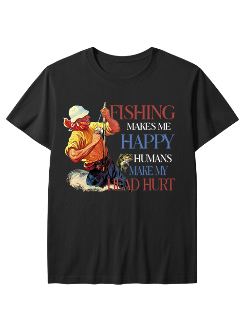 Fishing Makes Me Happy Retro Male Angler Unisex Classic Cotton Tee