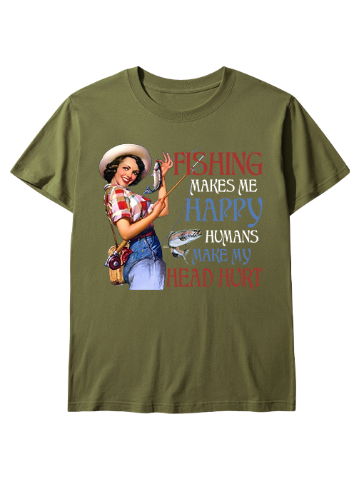 Fishing Makes Me Happy Retro Female Angler Unisex Classic Cotton Tee