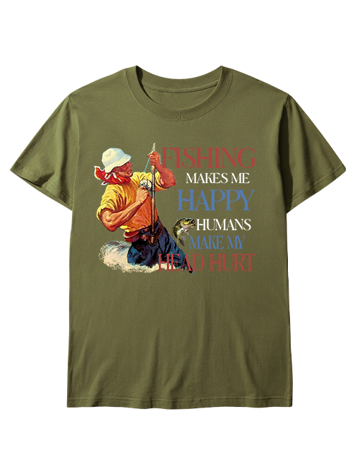 Fishing Makes Me Happy Retro Male Angler Unisex Classic Cotton Tee