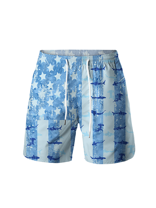 Patriotic Shark Silhouette Hawaiian Quick-Dry Drawstring Shorts