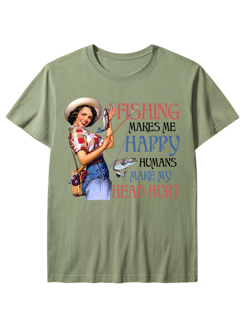 Fishing Makes Me Happy Retro Female Angler Unisex Classic Cotton Tee