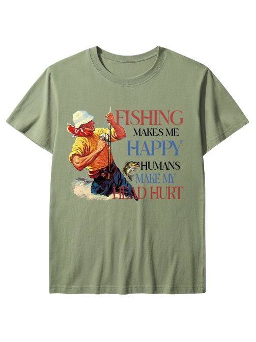 Fishing Makes Me Happy Retro Male Angler Unisex Classic Cotton Tee