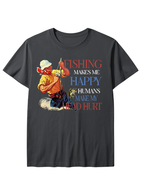 Fishing Makes Me Happy Retro Male Angler Unisex Classic Cotton Tee