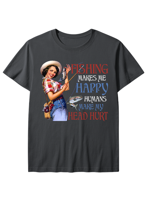 Fishing Makes Me Happy Retro Female Angler Unisex Classic Cotton Tee