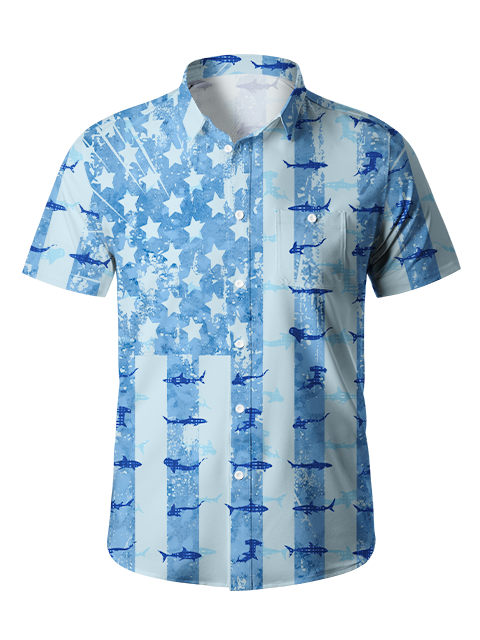 Patriotic Shark Print Hawaiian Button Up Shirt