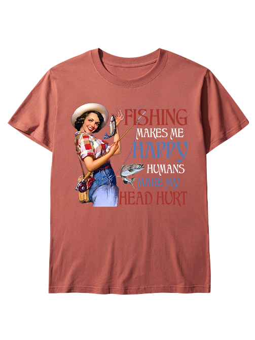 Fishing Makes Me Happy Retro Female Angler Unisex Classic Cotton Tee